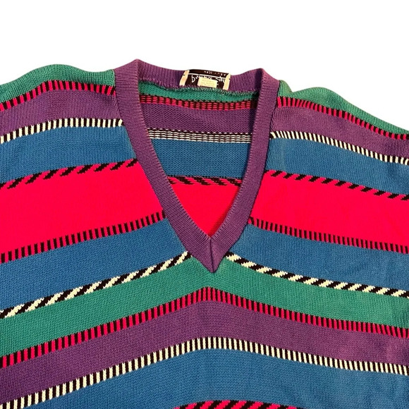 Vintage 80s Private Eyes Cotton Sweater | Bold Stripes V-Neck | Size L - Picture 3 of 6